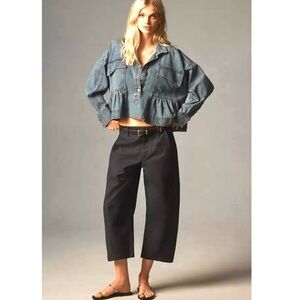 Anthropologie Maeve Navy Curved Ankle Cotton Barrel Chino Pants Pockets 10